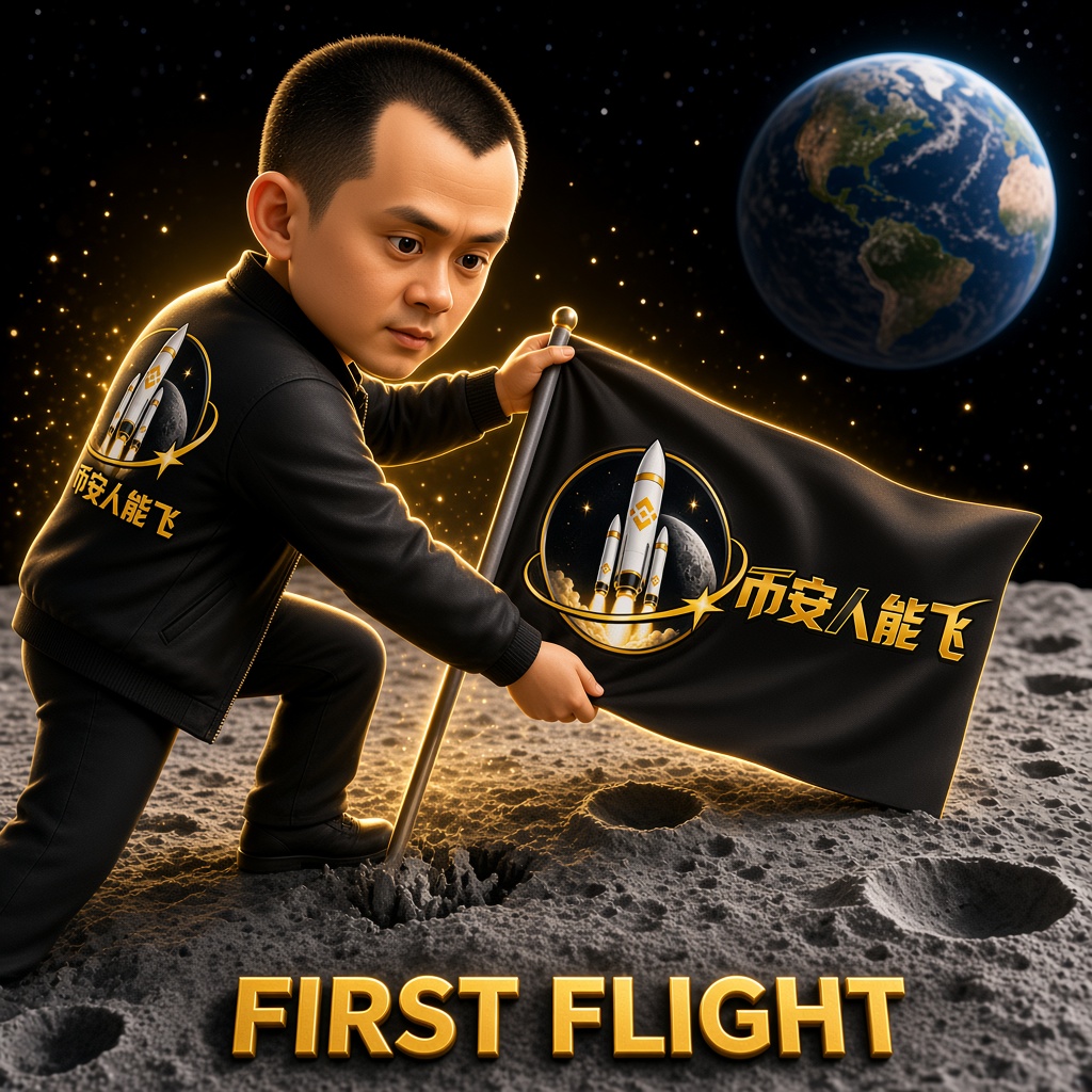 CZ planting a 币安人能飞 flag on the Moon